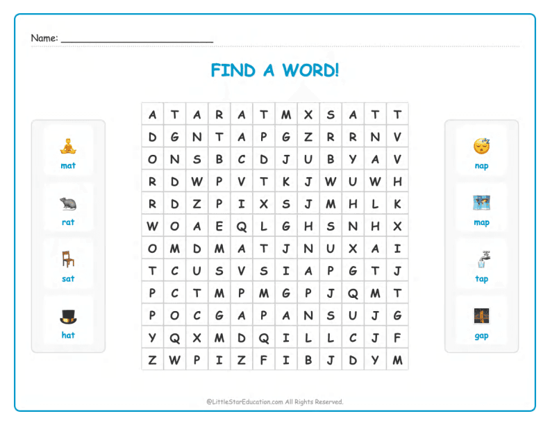 CVC Word Search – Short “a” Sound Words for Kids