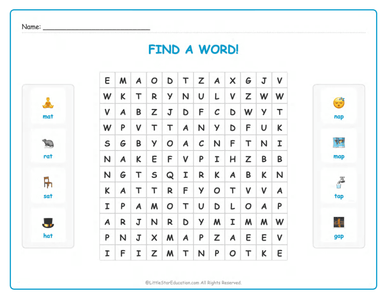 CVC Word Search – Short “a” Sound Words for Kids
