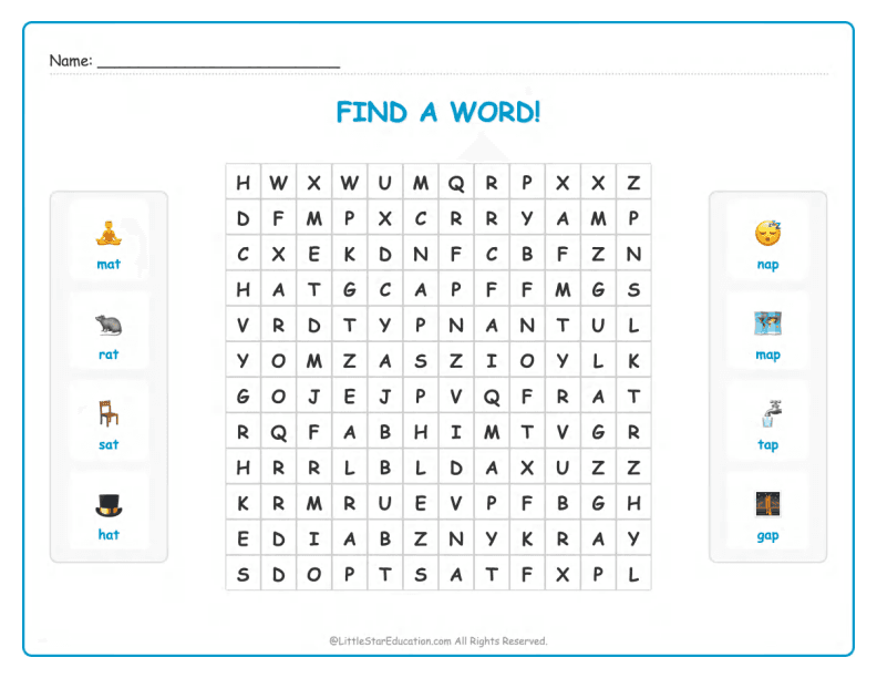 CVC Word Search – Short “a” Sound Words for Kids