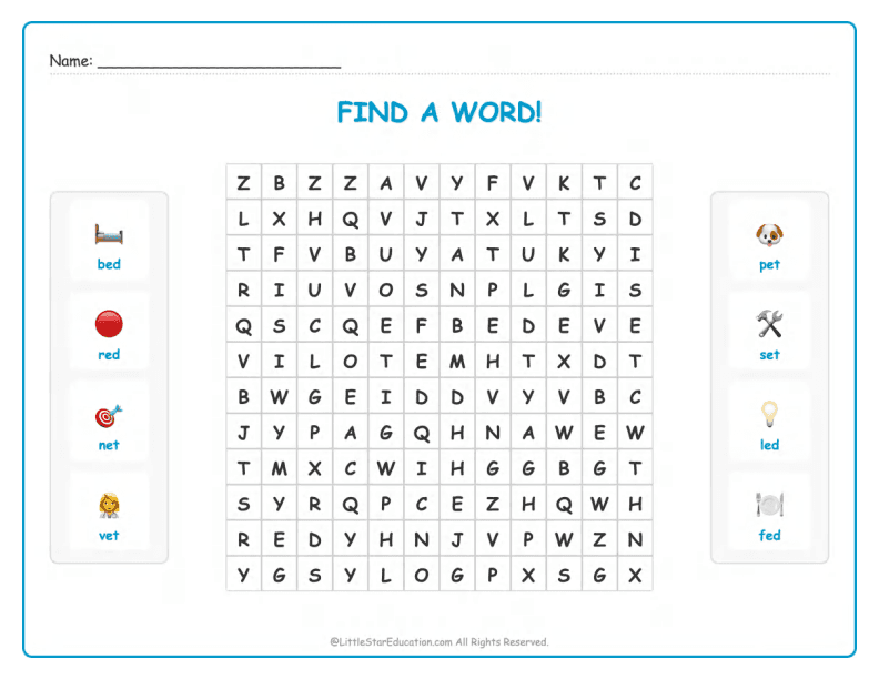 CVC Word Search – Short “e” Sound Words for Kids