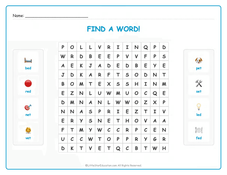 CVC Word Search – Short “e” Sound Words for Kids