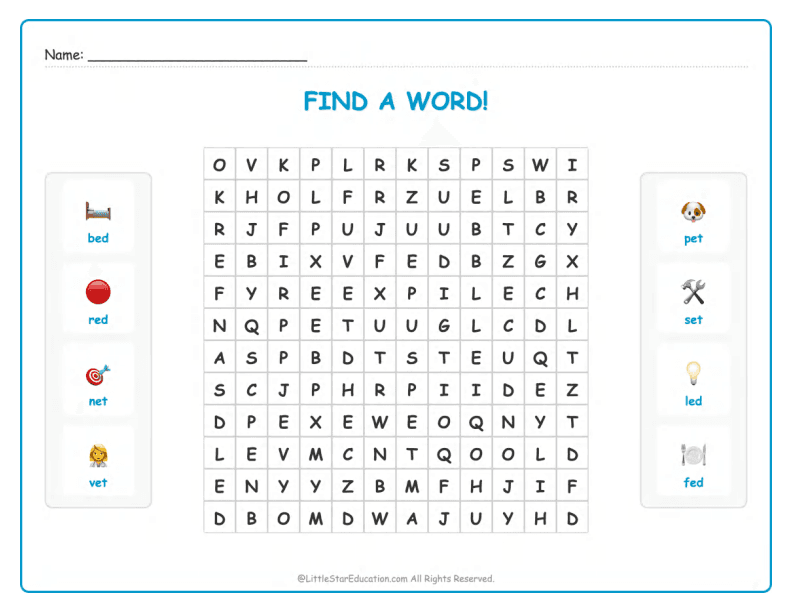 CVC Word Search – Short “e” Sound Words for Kids
