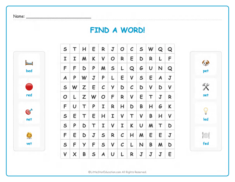 CVC Word Search – Short “e” Sound Words for Kids