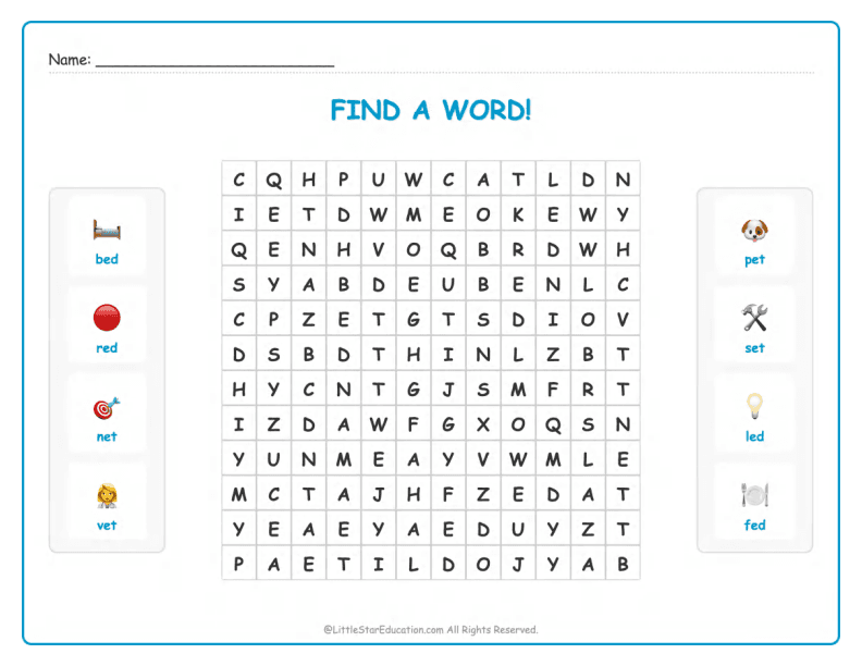 CVC Word Search – Short “e” Sound Words for Kids