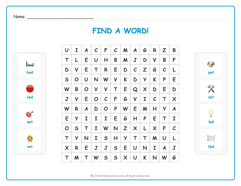 CVC Word Search – Short “e” Sound Words for Kids