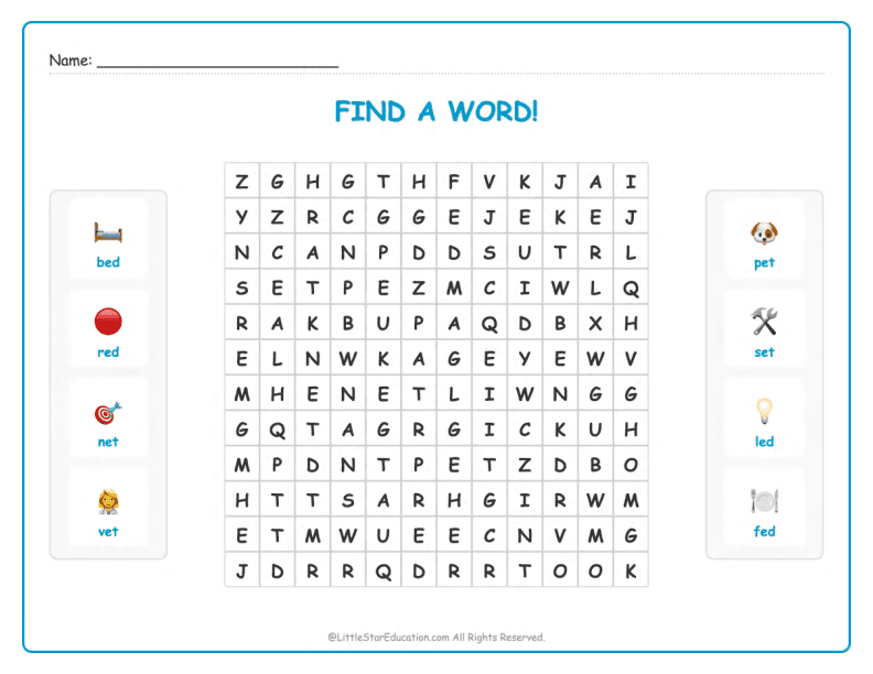 CVC Word Search – Short “e” Sound Words for Kids