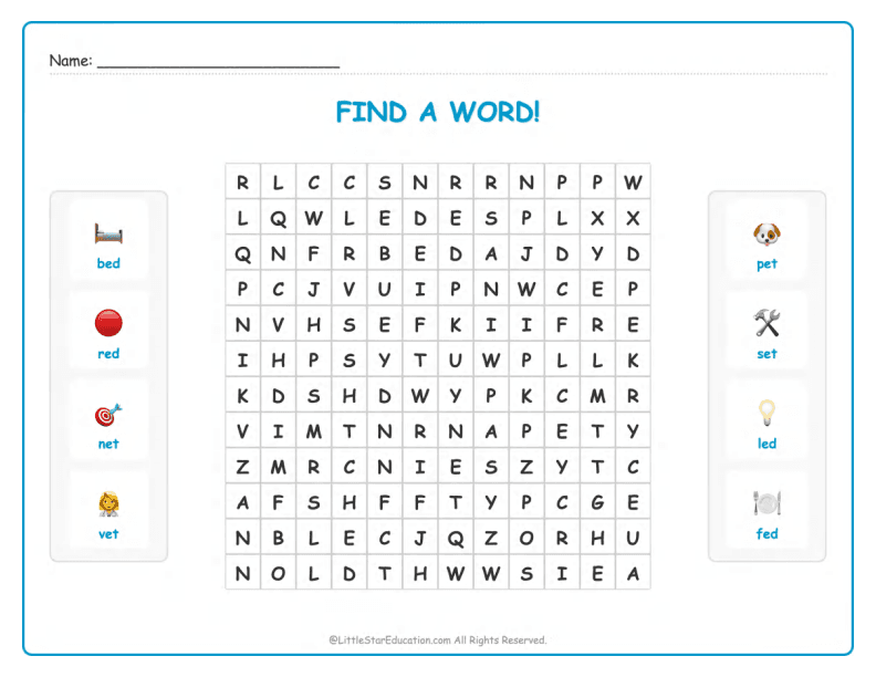 CVC Word Search – Short “e” Sound Words for Kids