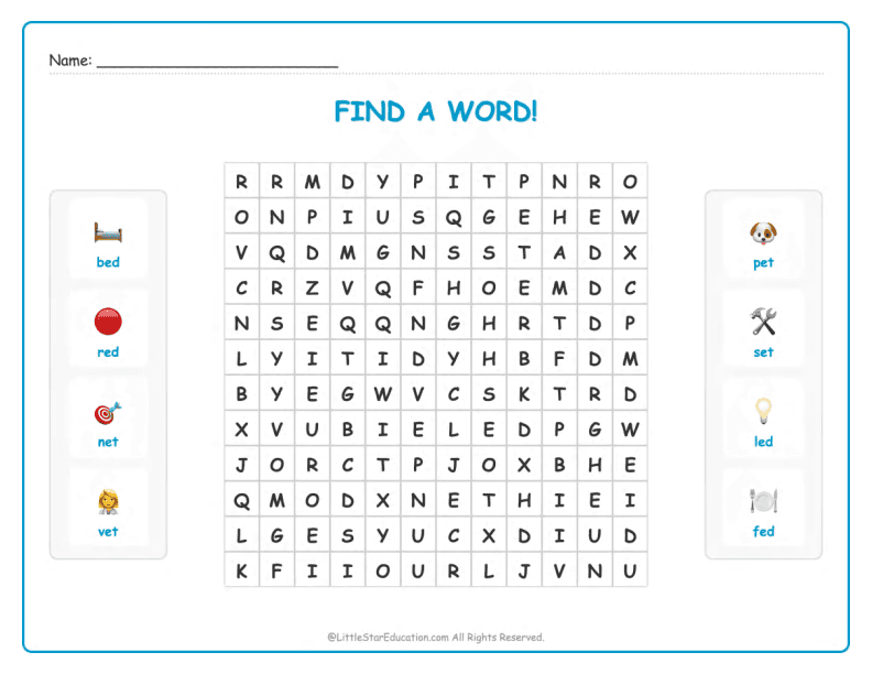 CVC Word Search – Short “e” Sound Words for Kids