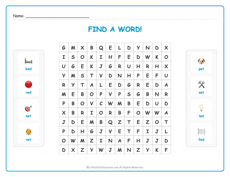CVC Word Search – Short “e” Sound Words for Kids