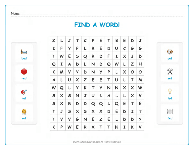 CVC Word Search – Short “e” Sound Words for Kids