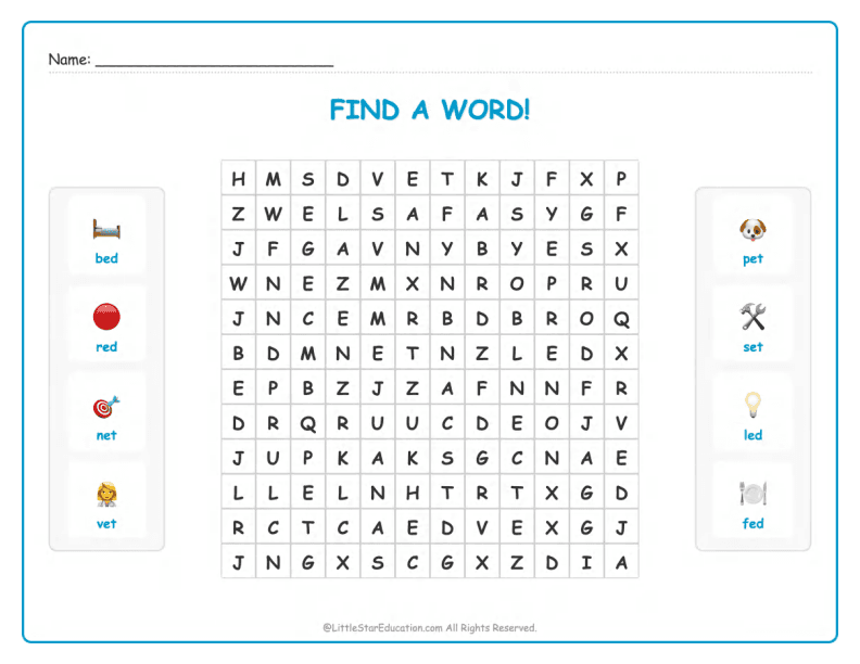 CVC Word Search – Short “e” Sound Words for Kids