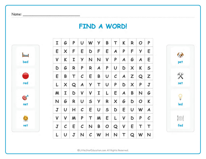 CVC Word Search – Short “e” Sound Words for Kids