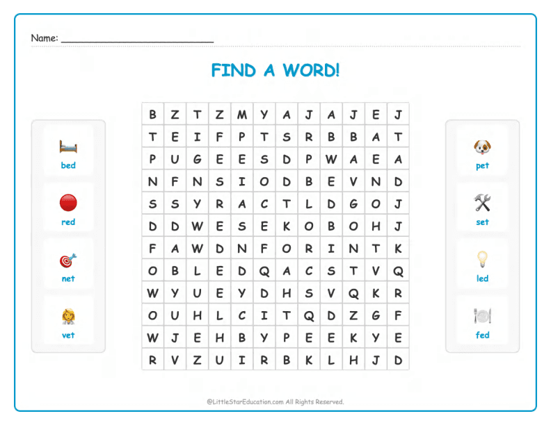 CVC Word Search – Short “e” Sound Words for Kids