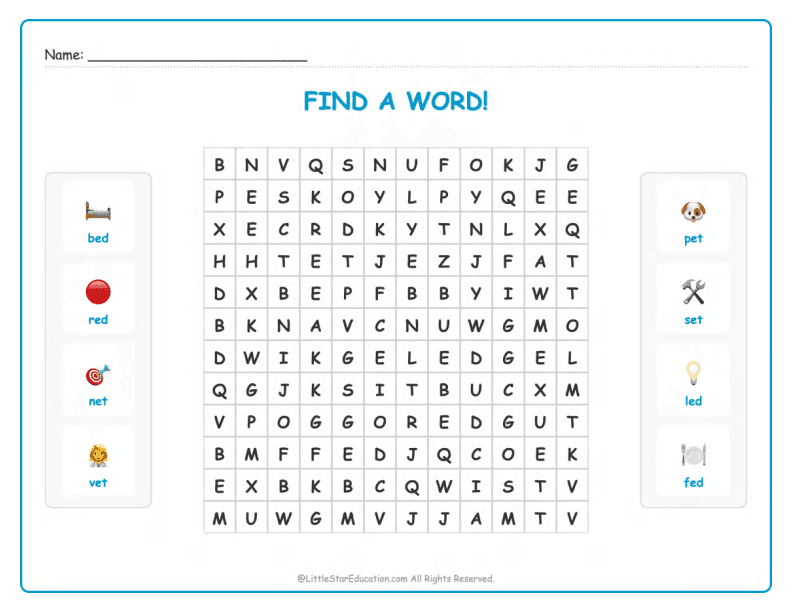 CVC Word Search – Short “e” Sound Words for Kids
