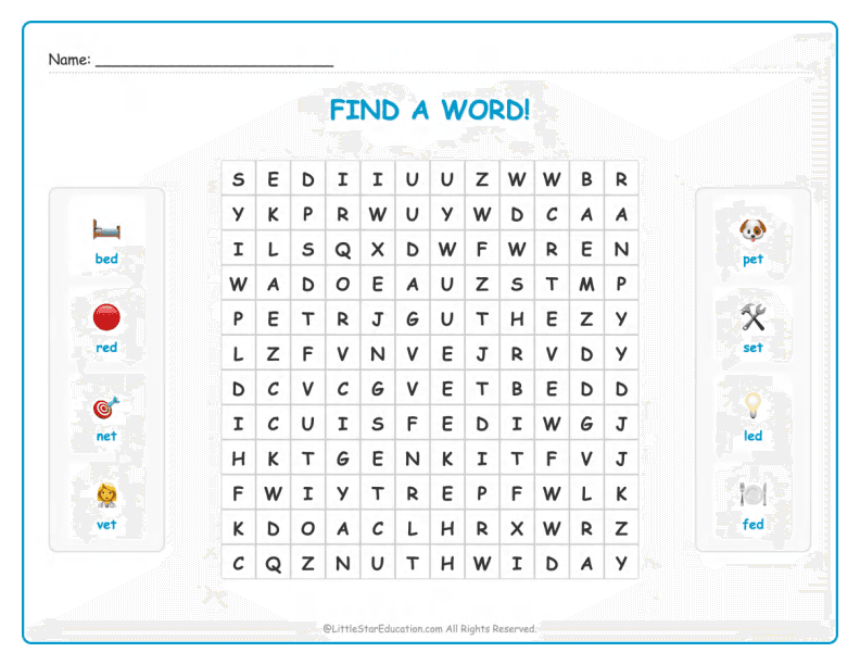 CVC Word Search – Short “e” Sound Words for Kids