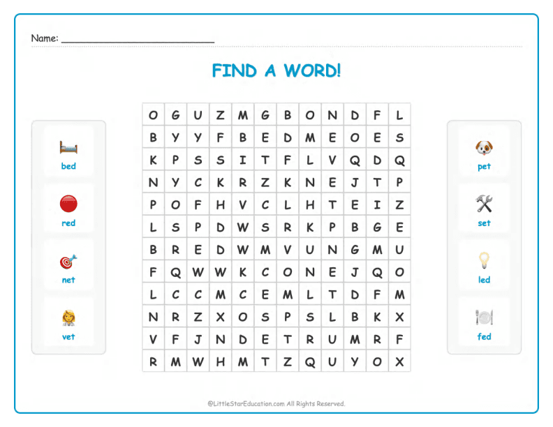 CVC Word Search – Short “e” Sound Words for Kids