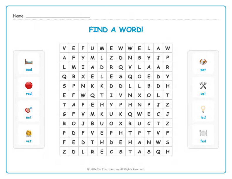 CVC Word Search – Short “e” Sound Words for Kids
