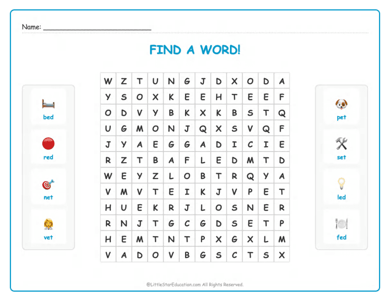 CVC Word Search – Short “e” Sound Words for Kids