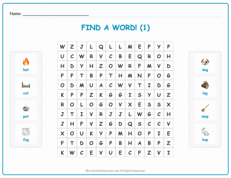 CVC Word Search – Short “o” Sound Words for Kids