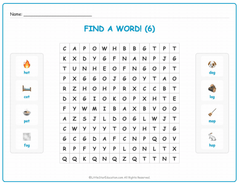 CVC Word Search – Short “o” Sound Words for Kids