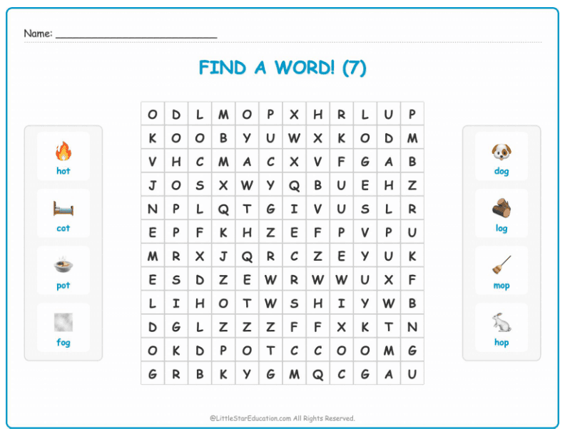 CVC Word Search – Short “o” Sound Words for Kids