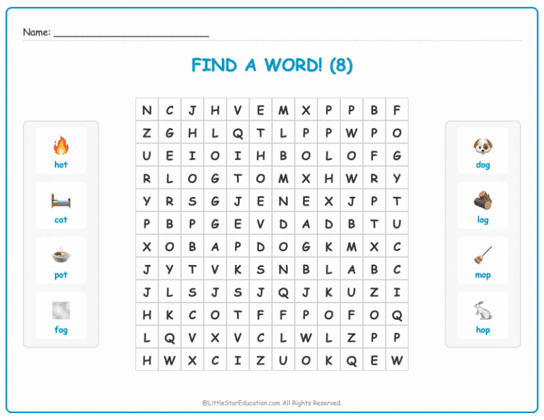 CVC Word Search – Short “o” Sound Words for Kids
