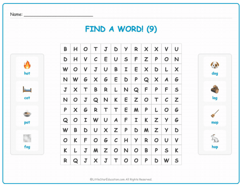 CVC Word Search – Short “o” Sound Words for Kids