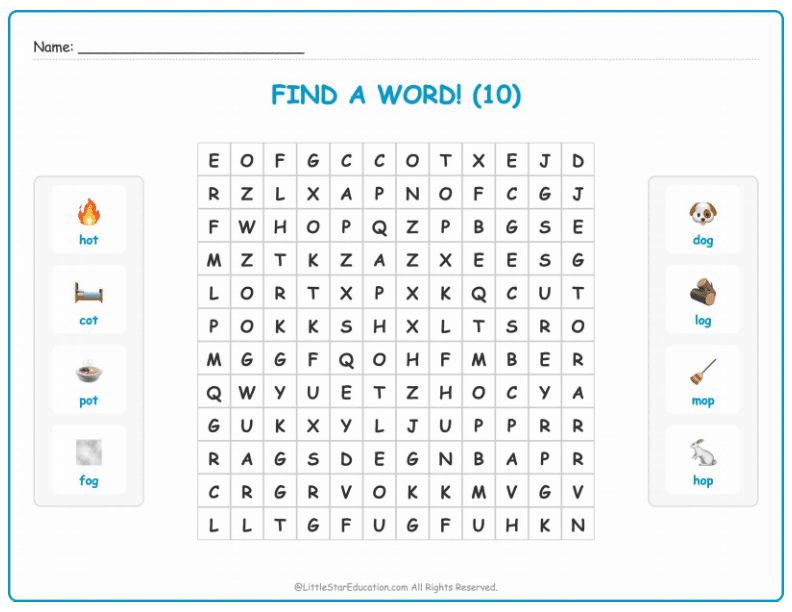 CVC Word Search – Short “o” Sound Words for Kids