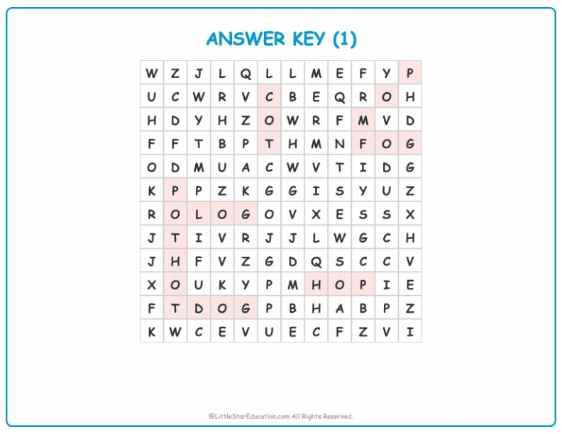CVC Word Search – Short “o” Sound Words for Kids