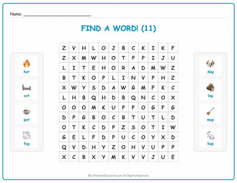CVC Word Search – Short “o” Sound Words for Kids