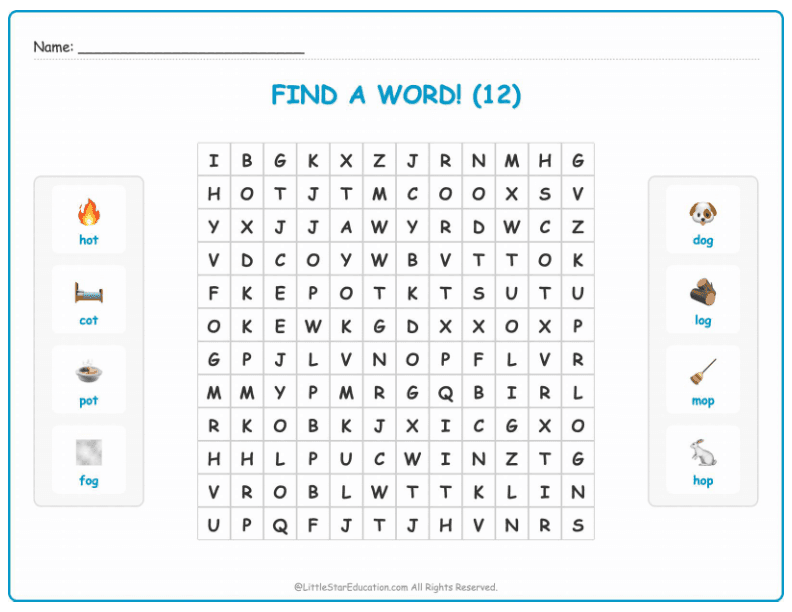 CVC Word Search – Short “o” Sound Words for Kids