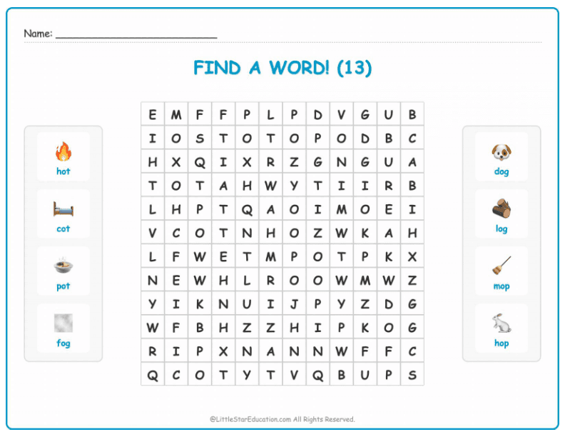 CVC Word Search – Short “o” Sound Words for Kids