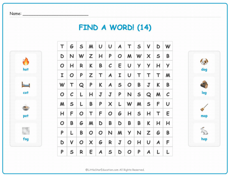CVC Word Search – Short “o” Sound Words for Kids