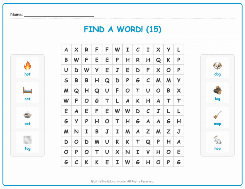 CVC Word Search – Short “o” Sound Words for Kids