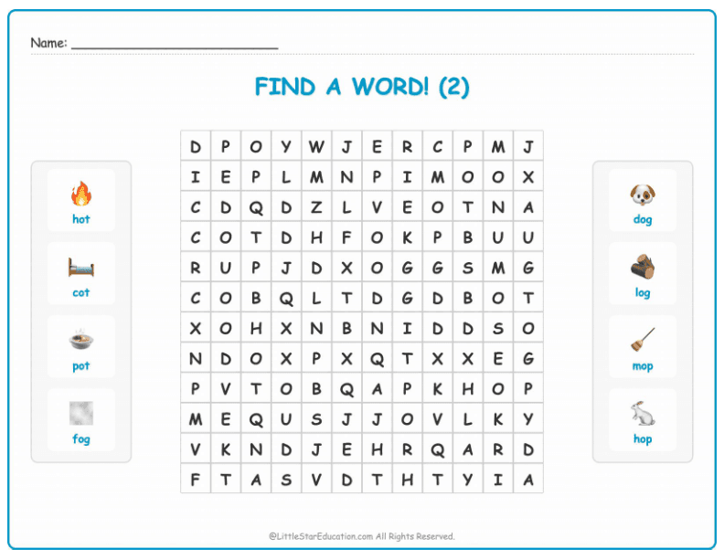 CVC Word Search – Short “o” Sound Words for Kids