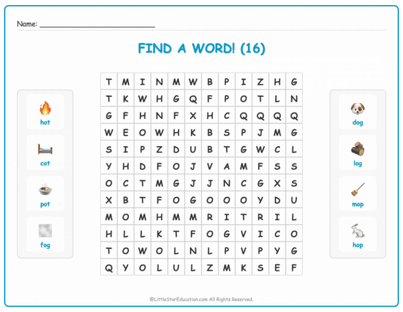 CVC Word Search – Short “o” Sound Words for Kids