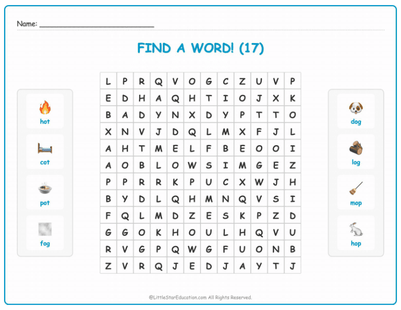 CVC Word Search – Short “o” Sound Words for Kids