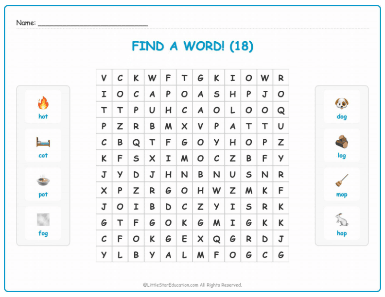 CVC Word Search – Short “o” Sound Words for Kids
