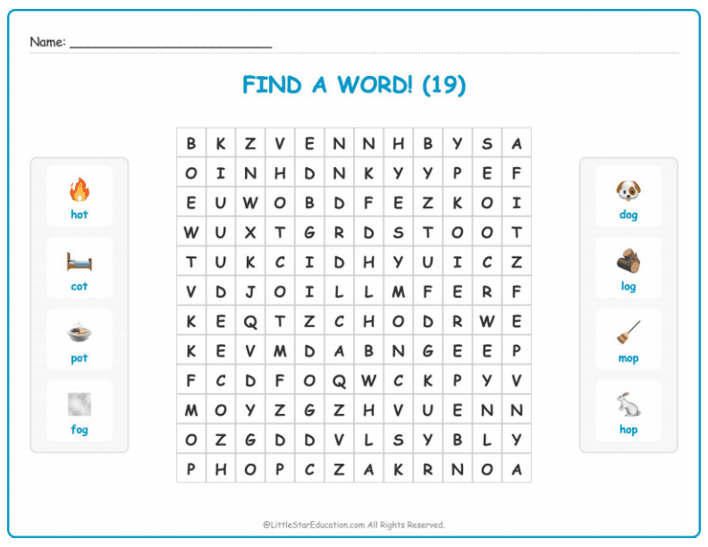 CVC Word Search – Short “o” Sound Words for Kids