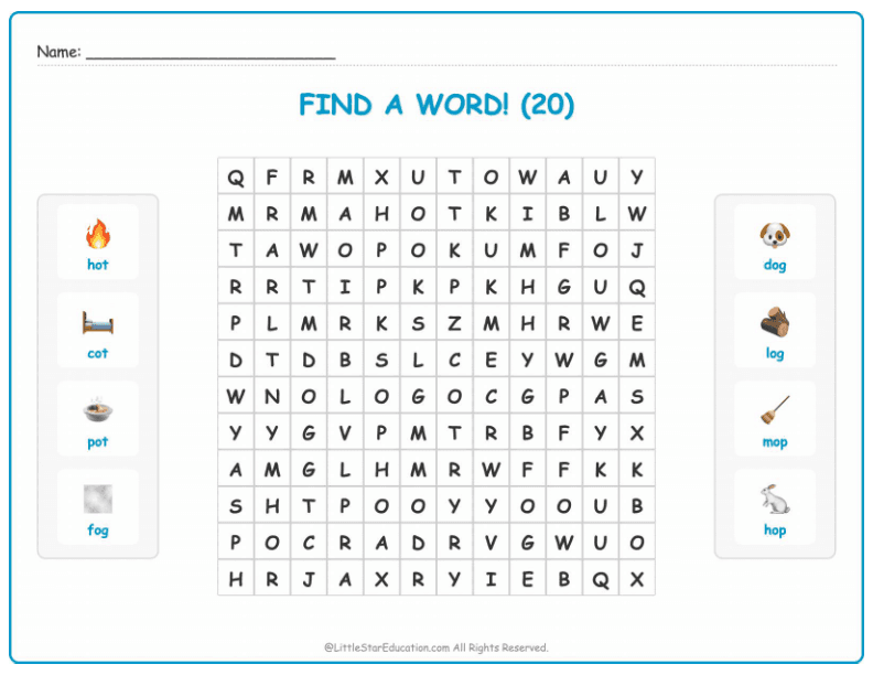 CVC Word Search – Short “o” Sound Words for Kids