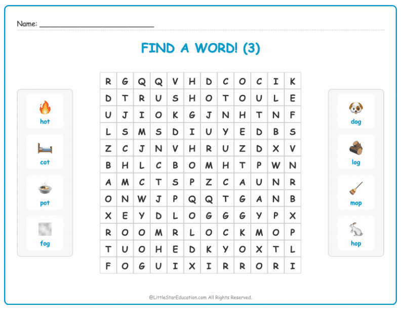CVC Word Search – Short “o” Sound Words for Kids