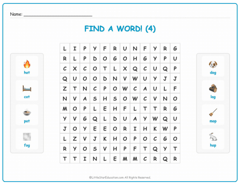 CVC Word Search – Short “o” Sound Words for Kids