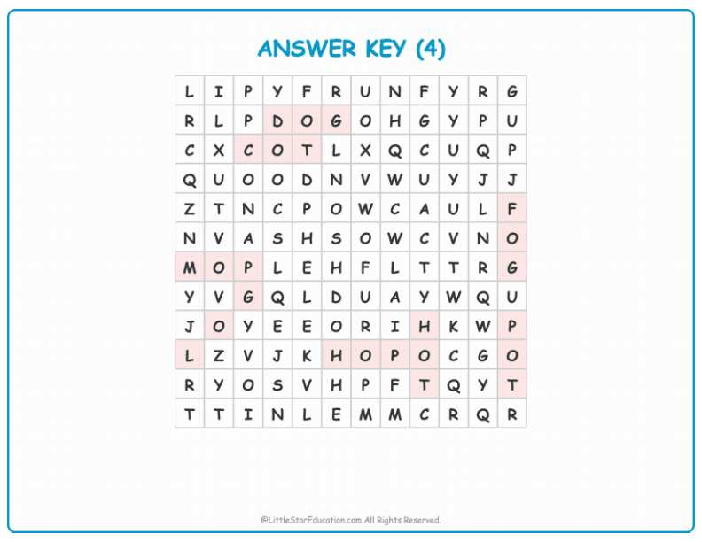 CVC Word Search – Short “o” Sound Words for Kids