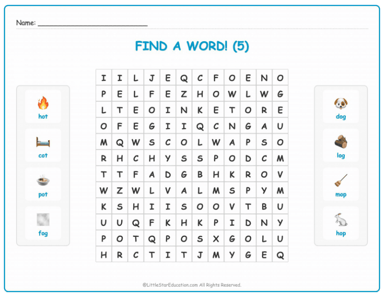 CVC Word Search – Short “o” Sound Words for Kids