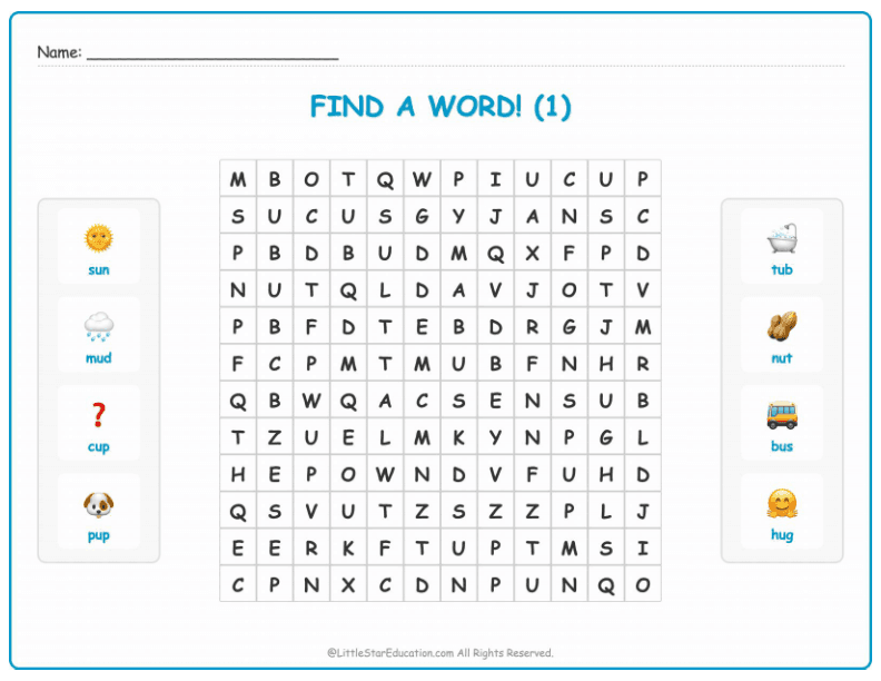 CVC Word Search – Short “u” Sound Words for Kids
