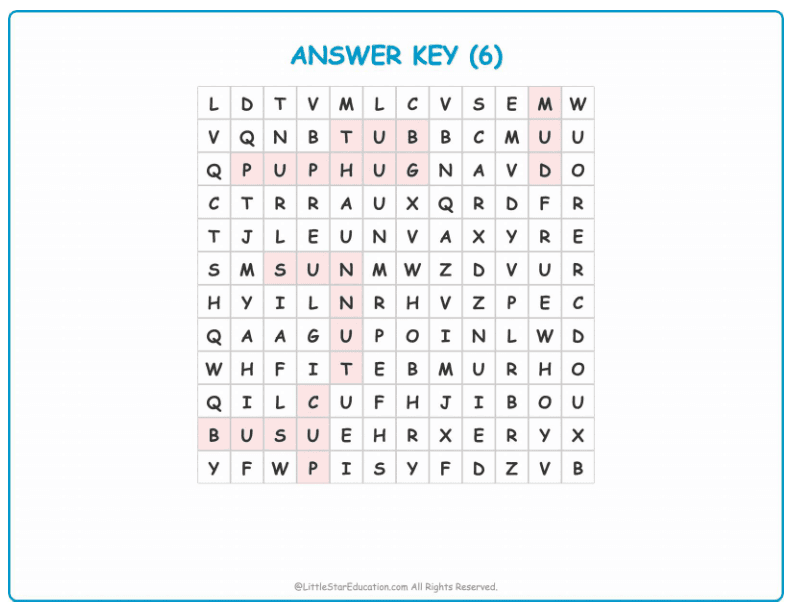 CVC Word Search – Short “u” Sound Words for Kids