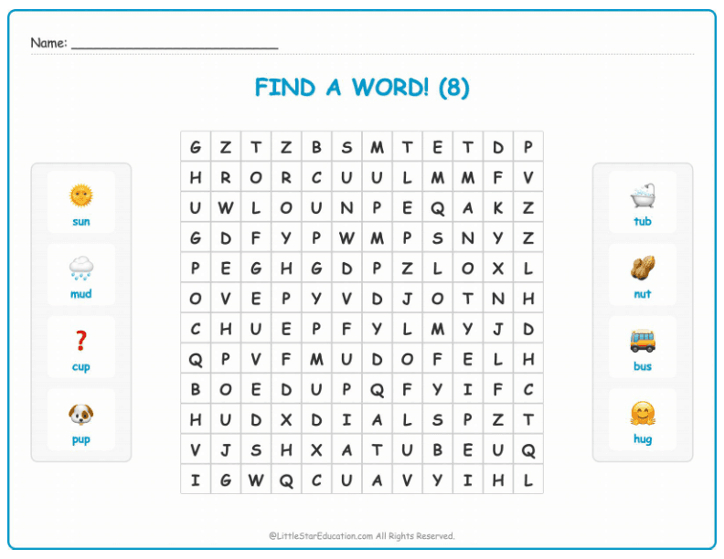 CVC Word Search – Short “u” Sound Words for Kids