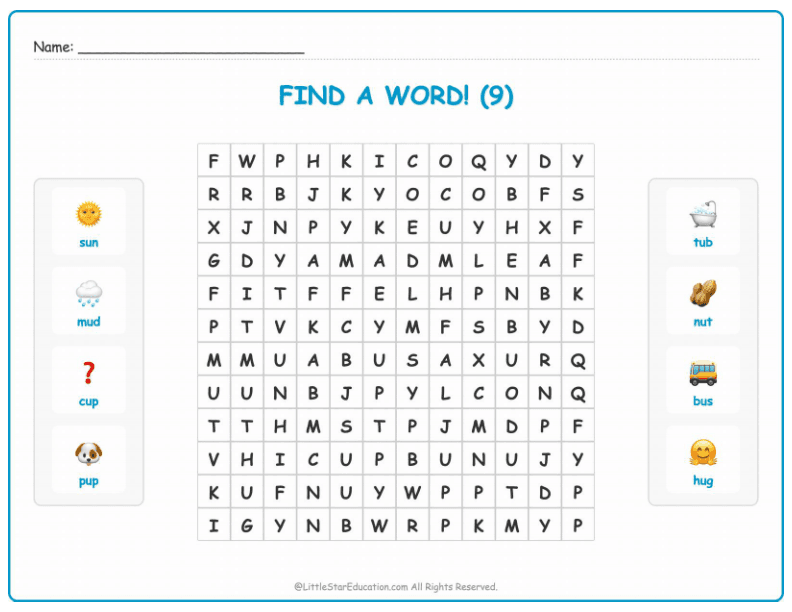 CVC Word Search – Short “u” Sound Words for Kids