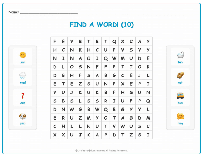 CVC Word Search – Short “u” Sound Words for Kids