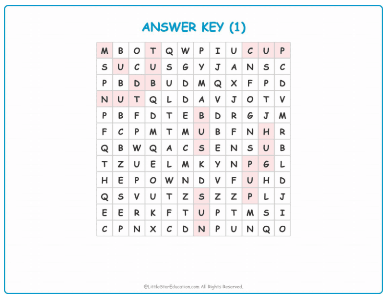 CVC Word Search – Short “u” Sound Words for Kids